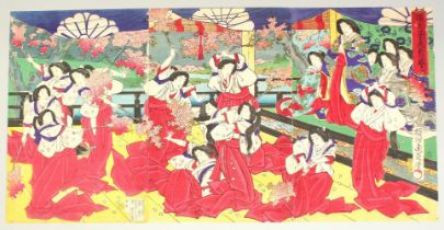 CHIKANOBU YOSHU (1838-1912): PERFORMANCE AT COURT; a late 19th century original Japanese woodblock