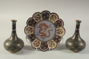 A JAPANESE CLOISONNE PETAL-FORM DRAGON DISH, together with a pair of black ground cloisonne