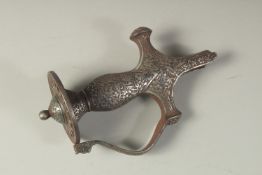 A FINELY ENGRAVED 17TH-18TH CENTURY INDIAN POSSIBLY DECCANI STEEL TULWAR SWORD HILT, with birds