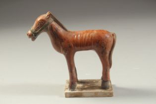 A CHINESE TOMB SACRIFICE POTTERY FIGURE OF A HORSE, possibly Han Dynasty, 13cm long.