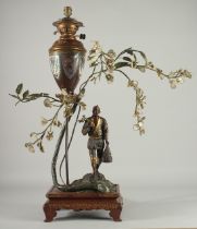 A FINE AND LARGE JAPANESE MEIJI BRONZE AND CLOISONNE FIGURAL LAMP, with okimono of a man holding a