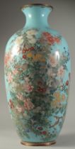 AN EXCEPTIONAL LARGE JAPANESE MEIJI PERIOD POWDER BLUE CLOISONNE VASE, with a large spray of very