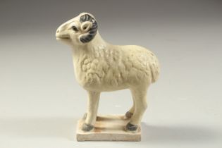 A CHINESE TOMB SACRIFICE POTTERY FIGURE OF A GOAT, possibly Han Dynasty, 12cm long.