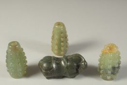 A COLLECTION OF THREE CARVED JADE STUDDED DROP-SHAPED BEADS, each approx. 6cm long, together with