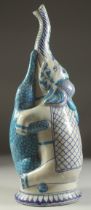 AN UNUSUAL LATE 19TH CENTURY NORTH INDIAN MULTAN GLAZED POTTERY ZOOMORPHIC BOTTLE VASE, in the shape