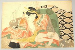 AN EARLY 19TH CENTURY ORIGINAL JAPANESE WOODBLOCK PRINT: SHUNGA, (unknown artist).