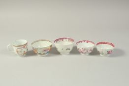 A CHINESE EXPORT FAMILLE ROSE PORCELAIN TEA BOWL, together with three other tea bowls painted with