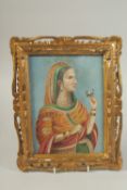 AN INDIAN FEMALE PORTRAIT OIL PAINTING ON BOARD, framed and glazed, image 23.5cm x 17cm.
