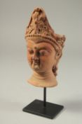 A SOUTH EAST ASIAN TERRACOTTA HEAD, raised on a purpose-made stand, head 17.5cm high.
