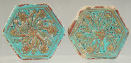 A PAIR OF 13TH CENTURY PERSIAN KASHAN MINAIE GILDED TURQUOISE GLAZED HEXAGON TILES, each approx. 8cm