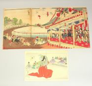 CHIKANOBU YOSHU (1838-1912): RACE COURSE IN UENO, TOKYO & PICTURE OF LADY SHIZUKA DANCING; two