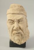 A CARVED CLAY HEAD SCULPTURE, raised on stand.