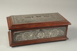 A FINE NIELLO SILVER PANELLED WOODEN RECTANGULAR BOX, with hinged lid, 25.5cm x 12.5cm.