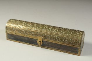 A FINE INDIAN BRASS OVERLAID WOODEN PENBOX, 22cm long.