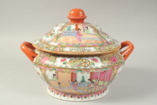 A CHINESE CANTON FAMILLE ROSE PORCELAIN TUREEN AND COVER, painted with panels of figures, birds, and