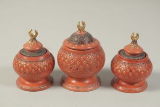 THREE TURKISH TOPHANE LIDDED INK POTS / WRITING SET, (3).