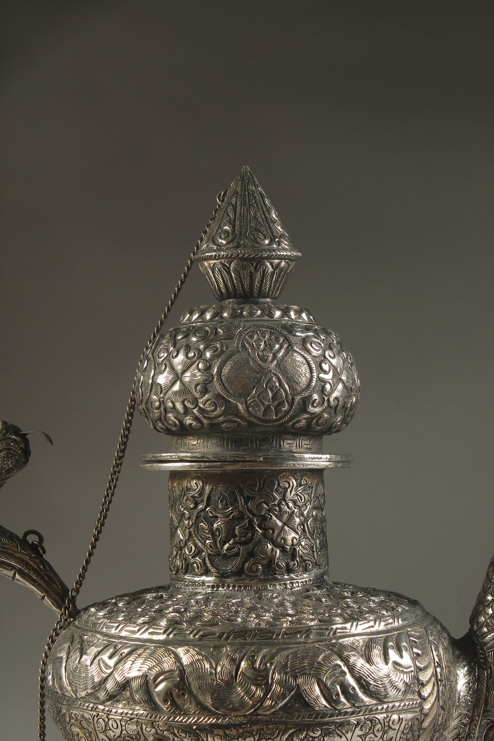 A LARGE CHINESE EMBOSSED AND ENGRAVED WHITE METAL LIDDED JUG, possibly low grade silver, decorated - Image 8 of 14