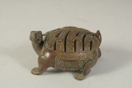 A BRONZE TORTOISE CENSER BURNER, the lid as an openworked shell - lifting off to reveal censer