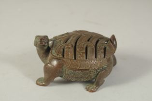 A BRONZE TORTOISE CENSER BURNER, the lid as an openworked shell - lifting off to reveal censer