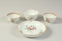 A CHINESE FAMILLE ROSE PORCELAIN TEA BOWL AND SAUCER DISH, together with a pair of porcelain cups