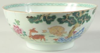 AN 18TH CENTURY CHINESE FAMILLE ROSE PORCELAIN BOWL, the exterior painted with a scene of deer
