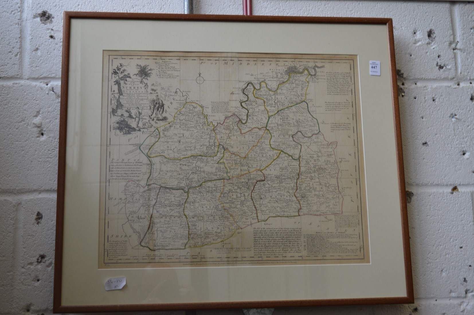 Thomas Bowen, part hand coloured map of Surrey, framed and glazed.