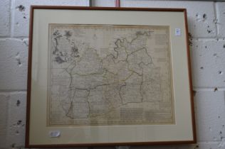 Thomas Bowen, part hand coloured map of Surrey, framed and glazed.