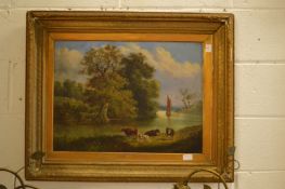 Cattle at a watering hole, oil on board in a gilt frame.