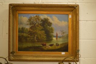 Cattle at a watering hole, oil on board in a gilt frame.