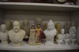 A quantity of Parian ware style and other busts of Queen Victoria, Prince Albert etc.