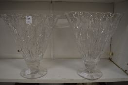 Two cut glass fan shaped pedestal vases.