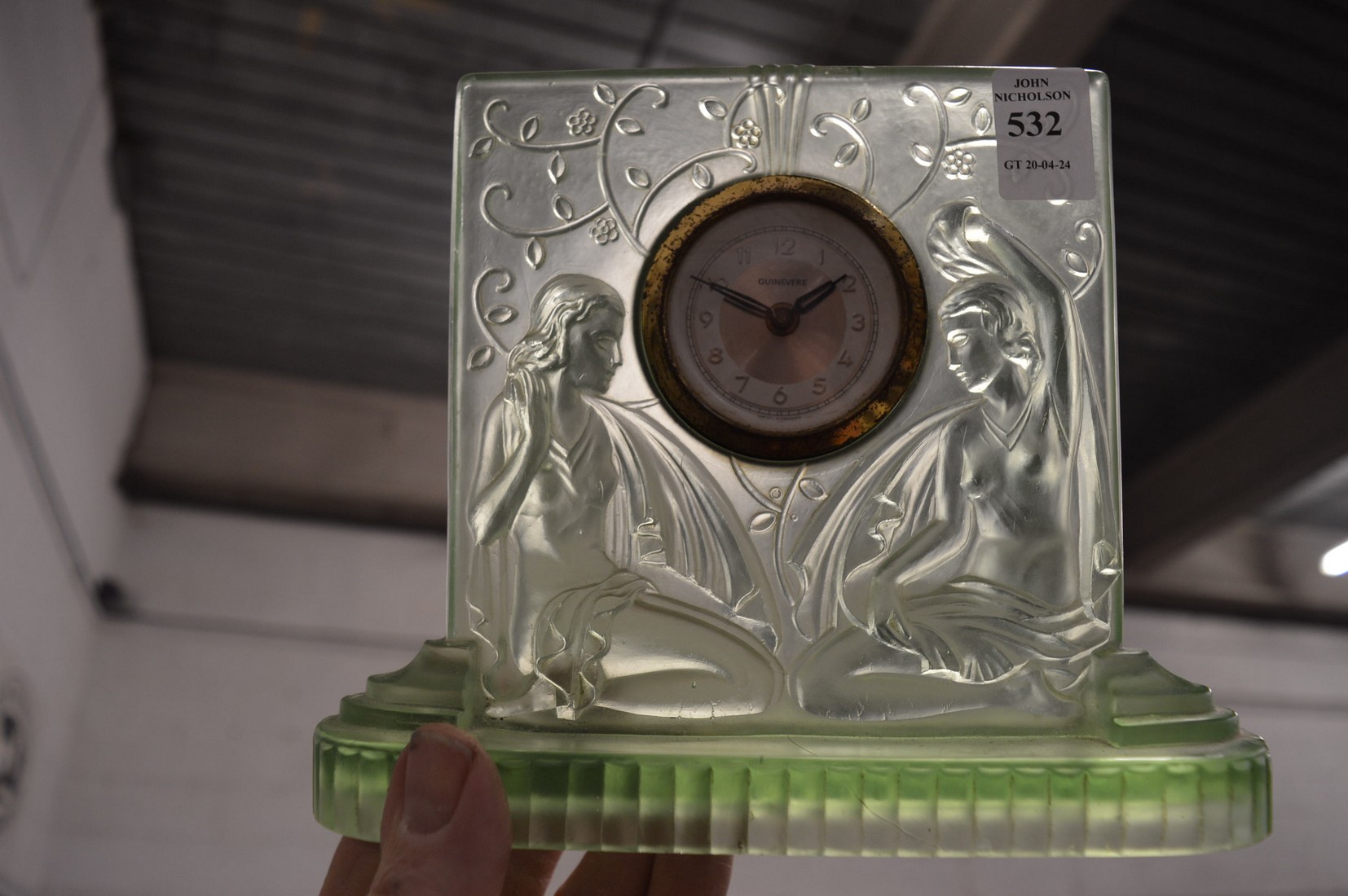 An Art Deco green glass mantle clock in the manner of Lalique. - Image 3 of 3