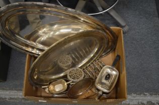 A plated three piece tea service, serving dishes etc.