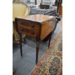 A 19th century mahogany drop-flap two drawer work table.