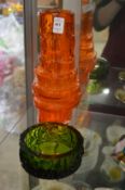 Good Whitefriars orange glass vase together with a similar green glass dish.