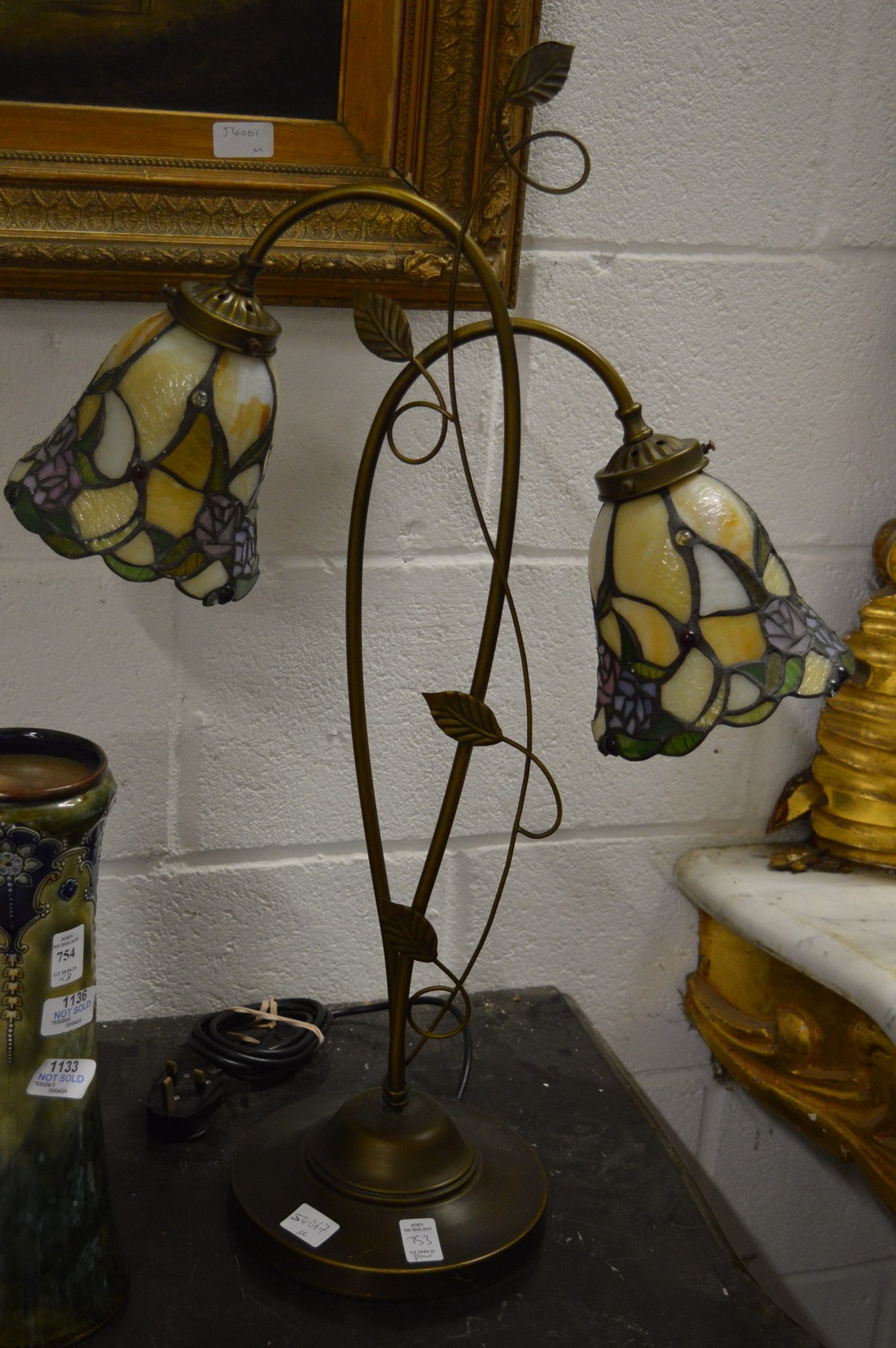 A pair of Art Nouveau style twin branch table lamps with stain glass shades. - Image 3 of 3