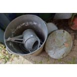 Galvanized garden items to include a dustbin, watering cans, buckets etc.