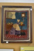 An unusual wool work picture depicting an interior scene with a lady wearing a bonnet.