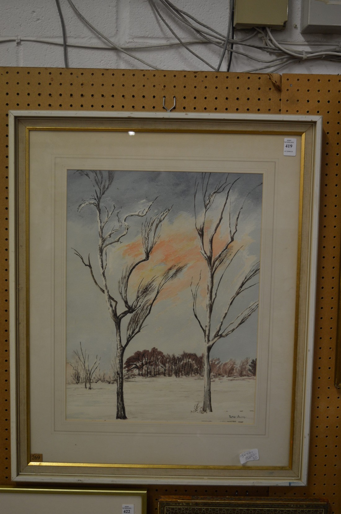 Flora Bacon, winter landscape with trees, watercolour, signed.