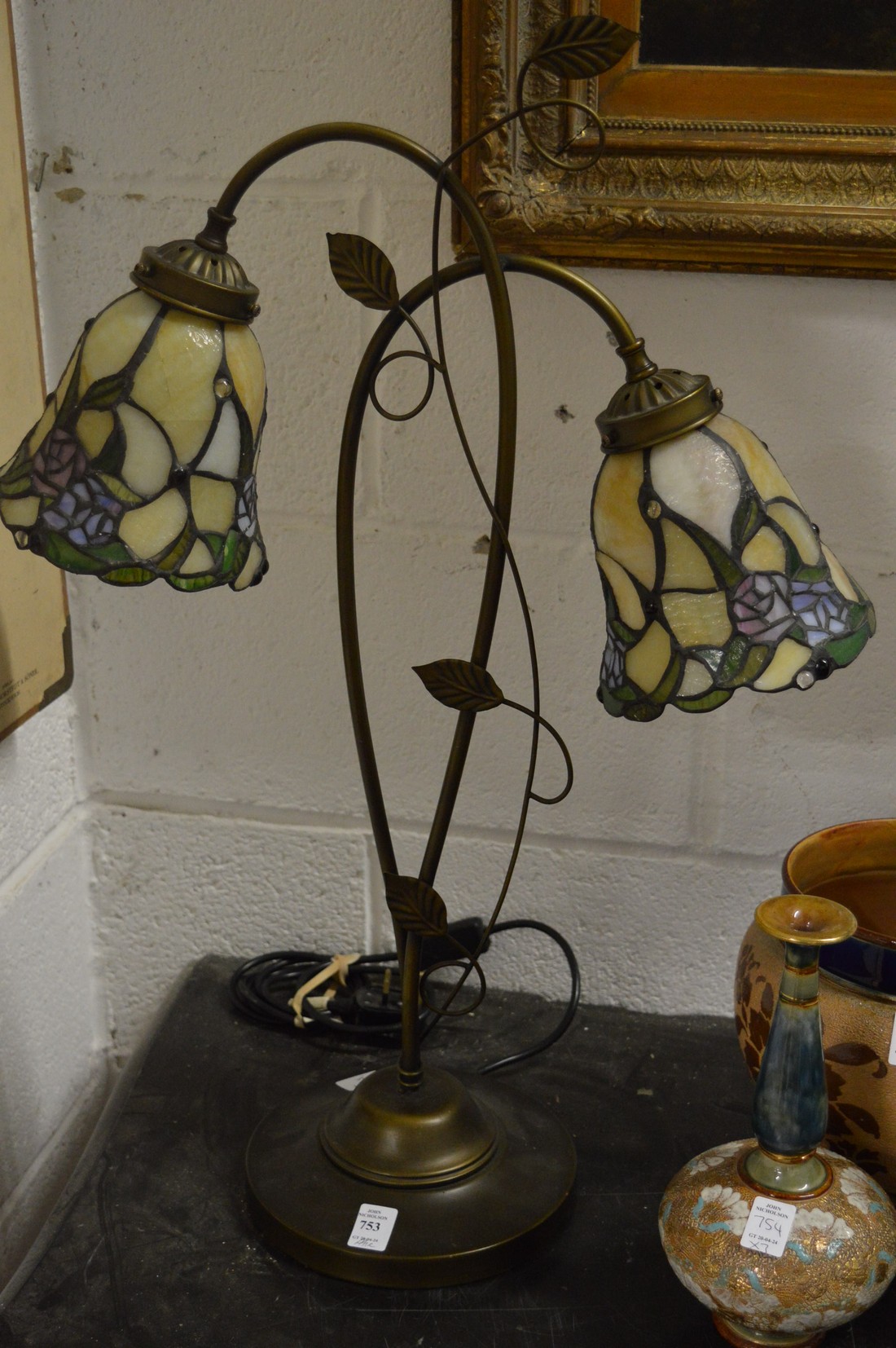 A pair of Art Nouveau style twin branch table lamps with stain glass shades. - Image 2 of 3