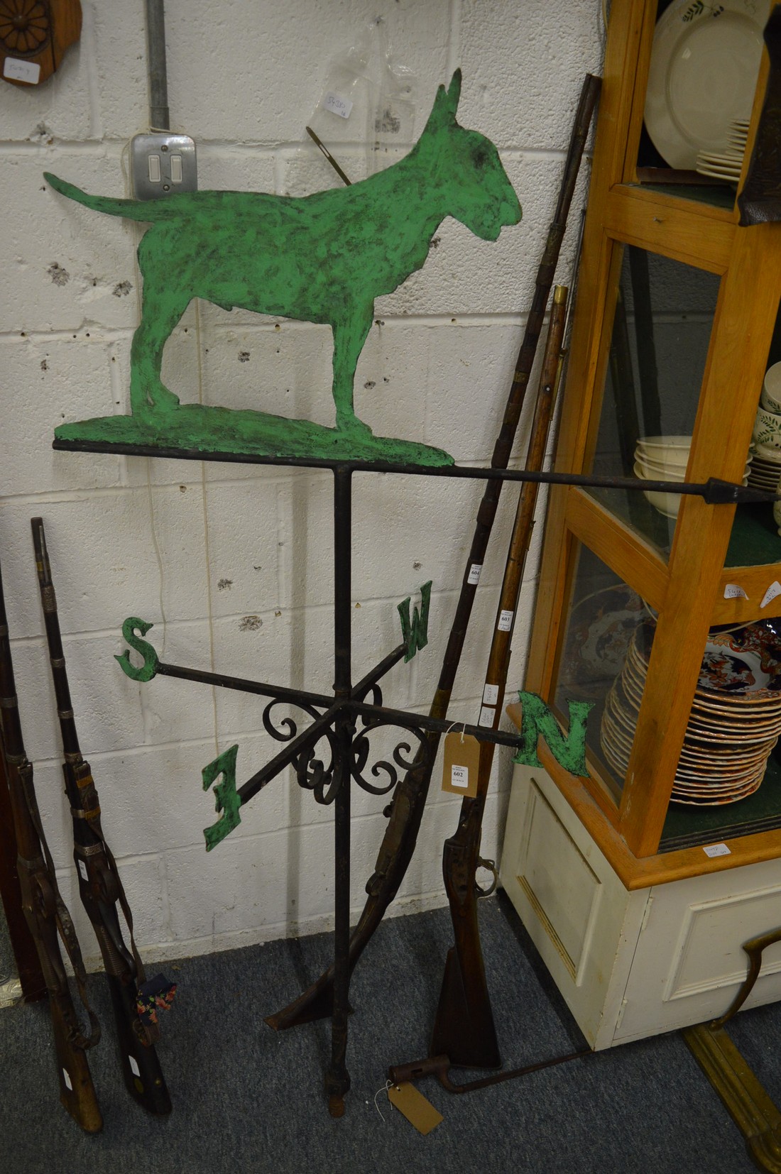 A very good large wrought iron weather vane, the top mounted with a cut-out of an English bull