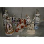 Decorative porcelain figurines, Staffordshire flat back group etc.