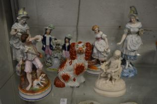 Decorative porcelain figurines, Staffordshire flat back group etc.