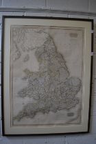 Pinkerton, a large part hand coloured map of England, framed but unglazed.