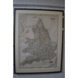 Pinkerton, a large part hand coloured map of England, framed but unglazed.