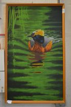 Colourful duck on a pond, oil on board.
