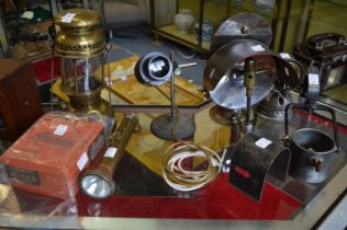 An early brass lantern, hand held lantern and other items.
