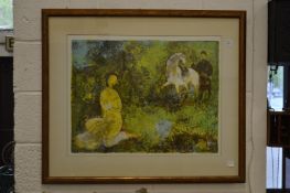 Chinese figures in a woodland landscape, limited edition colour print, signed and dated.