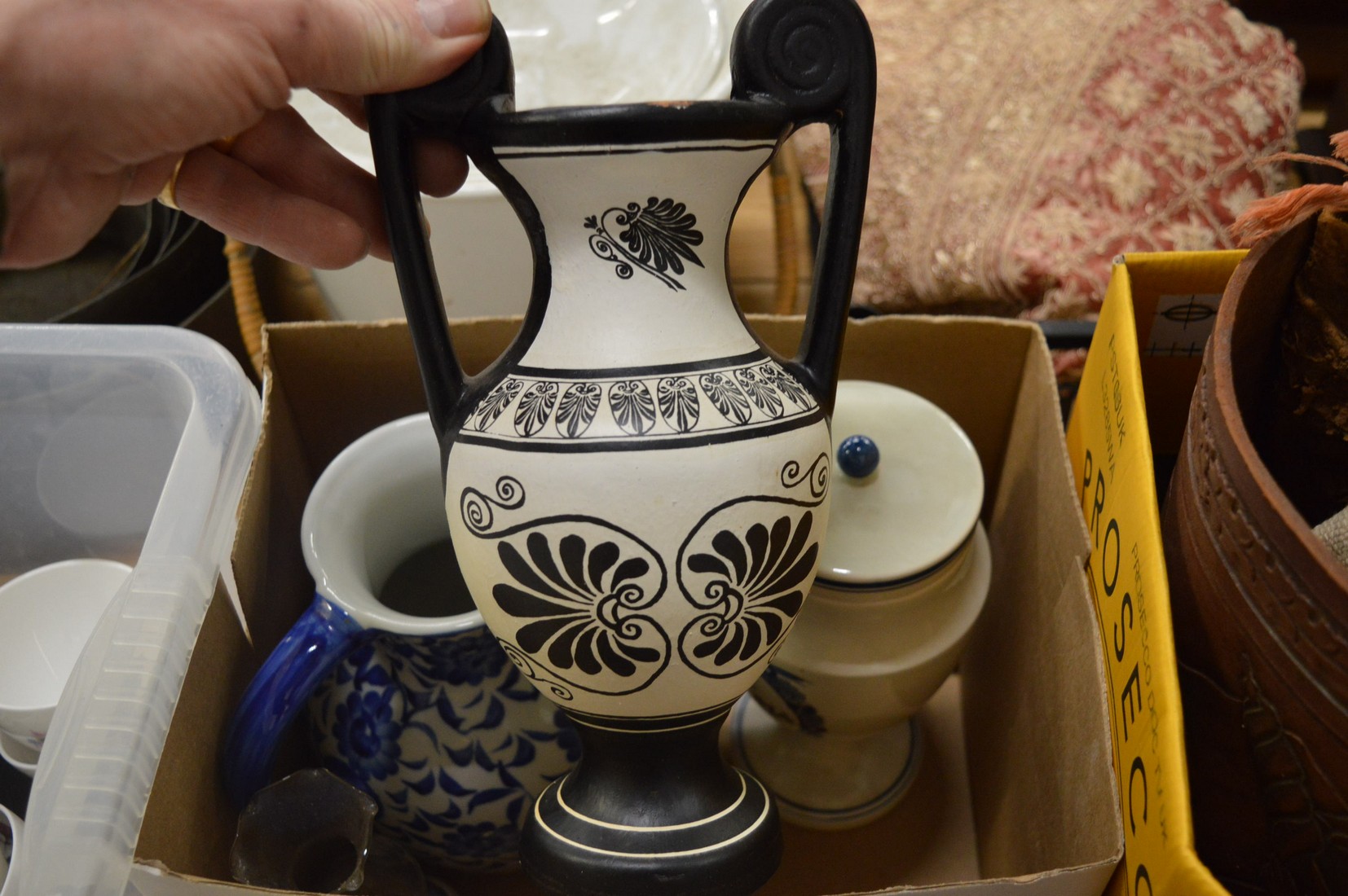 Greek style pottery vase, blue and white jug and other items. - Image 2 of 5