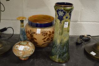 Two Doulton vases and a Doulton jardiniere.